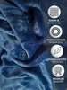 A close-up of a blue plush blanket with marketing icons and text on the right side. Produktbild-Vorschau
