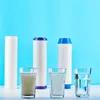 Water filters and glasses of water showing different levels of clarity. Produktbild-Vorschau