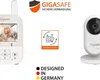 A split image showing a baby monitor and camera, with marketing text and logos. Produktbild-Vorschau