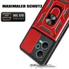 A close-up view of a red and black phone case with a ring holder and camera protection. Produktbild-Vorschau