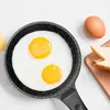 A frying pan with two fried eggs, a whole egg, and toast on a white surface. Anteprima dell’immagine prodotto