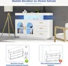 A white sideboard with LED lighting, shown in a room setting with a floor lamp and a chair. Below the main image are two instructional diagrams for mounting. Anteprima dell’immagine prodotto