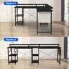 Two different configurations of a black L-shaped desk are shown against a light-colored wall and wooden floor. Produktbild-Vorschau
