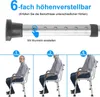 Top section shows a close-up of an adjustable shower stool leg with text and a diagram. Bottom section shows three men sitting on shower stools at different heights. Produktbild-Vorschau