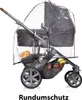 A stroller with a rain cover and items in the basket. Produktbild-Vorschau