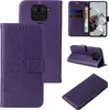 A collage of images showing a purple floral and butterfly embossed flip phone case for a Xiaomi Redmi Note 9. Produktbild-Vorschau