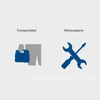 Two icons representing product features: one showing a bag with a person's legs, labeled 'Transportabel', and another showing a wrench and screwdriver crossed, labeled 'Wartungsarm'. Produktbild-Vorschau