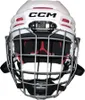 A front view of a white CCM Tacks 70 Helm Combo Junior with a silver cage. Náhľad obrázku produktu