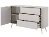 A beige sideboard with gold accents and three drawers, shown against a white background. Produktbild-Vorschau