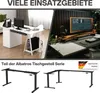 A collage of images showing different desk setups and desk frames, with text overlays and a German flag logo. Produktbild-Vorschau
