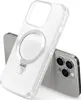 A clear, studio shot of a transparent phone case with a magnetic ring, leaning against a silver smartphone. Anteprima dell’immagine prodotto