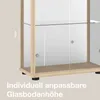 A close-up view of a glass display cabinet with wooden frame, showing adjustable glass shelves and sliding doors. Podgląd zdjęcia produktu