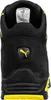 The back view of a black and yellow Puma safety boot. Voir les images du produit