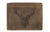 A brown leather wallet with a deer head embossed on it, shown against a white background. Produktbild-Vorschau