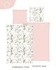 A flat lay of bedding with a floral pattern and a solid pink side, showing both sides of the duvet cover and pillowcase. Produktbild-Vorschau