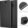 A black flip-style phone case is shown with close-up insets highlighting its features. Náhled obrázku produktu