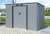 A grey garden shed with double doors, situated on a paved area with greenery and a car in the background. Náhľad obrázku produktu