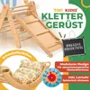 A wooden climbing frame with a slide, a rocking seat with cushions, and a clock, presented with marketing text and graphics. Produktbild-Vorschau