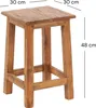 A wooden stool with dimensions indicated by text overlays. Produktbild-Vorschau