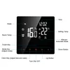A digital thermostat with an LCD screen displaying temperature and time, with labels pointing to different functions and buttons. Produktbild-Vorschau
