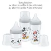 Three baby bottles with Mickey and Minnie Mouse designs, along with their caps, are displayed against a white background. Text above describes the contents. Produktbild-Vorschau
