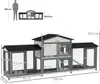 A diagram showing a large rabbit hutch with dimensions and a silhouette of a person for scale. Produktbild-Vorschau