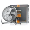 A silver floor fan is shown in front of its packaging box. Podgląd zdjęcia produktu