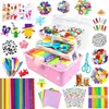 A collage of various craft supplies for children, including a pink craft box filled with materials, loose craft items, and instructional diagrams. Produktbild-Vorschau