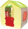 A plastic playhouse for children, with a green roof, yellow walls, and red doors and windows. Produktbild-Vorschau