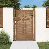 A modern garden gate made of Corten steel, set between two white brick pillars, with greenery and trees in the background. Produktbild-Vorschau