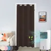 A brown door curtain is hung in a doorway, with a sofa and a portable air cooler visible in the room. Green leaves and air currents are digitally added to the image to suggest airflow and freshness. Produktbild-Vorschau