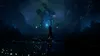 A young woman stands in a mystical, glowing forest at night, looking towards a large, illuminated structure. Produktbild-Vorschau