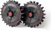 Two black robotic lawnmower wheels with red accents and aggressive treads, presented against a white background. Produktbild-Vorschau
