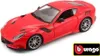 A red Bburago Ferrari F12TDF model car is shown from a high angle. Produktbild-Vorschau