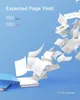 Scattered papers flying out of a binder with text about page yield. Produktbild-Vorschau
