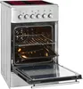 A freestanding electric cooker with its oven door open, viewed from a slightly elevated angle. Produktbild-Vorschau