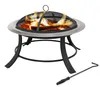 A fire pit with a mesh spark screen and burning logs, shown on a white background with a poker tool to the side. Produktbild-Vorschau