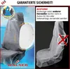 A split image showing a car seat cover and a warning about airbag compatibility. Produktbild-Vorschau