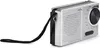 A silver and black portable emergency radio with a black wrist strap attached. Voir les images du produit