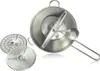 A stainless steel food mill with three interchangeable sieve discs is displayed against a white background. Anteprima dell’immagine prodotto
