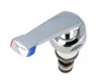 A close-up studio shot of a single chrome faucet handle with blue and red indicators for hot and cold water. Produktbild-Vorschau