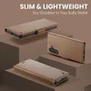 Three views of a brown leather phone case are displayed on brown geometric pedestals against a brown background. Text overlays highlight the product's features. Produktbild-Vorschau