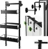 Collage showing a black metal shower caddy with three baskets, close-ups of its mounting mechanism, and a detail of the suction cups. Anteprima dell’immagine prodotto