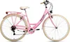 A pink women's bicycle with cream-colored tires and seat is shown against a white background. Produktbild-Vorschau