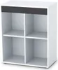 A white cube storage unit with four compartments and a dark gray textured stripe across the top. Produktbild-Vorschau