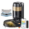 A collage of a robot vacuum cleaner, its charging station, and accessories, along with a smartphone displaying a map and a smartwatch. Produktbild-Vorschau