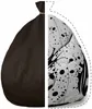 A split image showing a black bean bag cover on the left and a patterned bean bag with a soccer ball design on the right, with a dashed outline indicating the full shape of the bean bag. Podgląd zdjęcia produktu