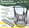 A grey hanging chair with pillows and a drink holder, shown outdoors with a blurred background. Produktbild-Vorschau