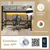 A loft bed with a desk and gaming chair underneath, featuring integrated lighting and power outlets. Produktbild-Vorschau