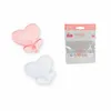 Two heart-shaped pacifiers, one pink and one clear, are shown next to a packaged set of pacifiers. Produktbild-Vorschau